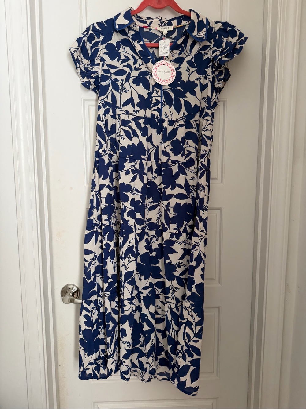 Umgee Navy and Cream Floral Midi Dress with Button Front